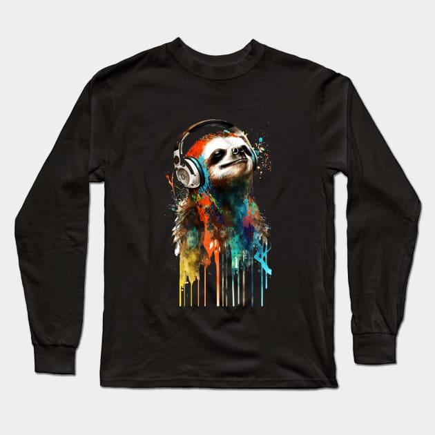 Sloth Painting With Headphones Listening to Music Long Sleeve T-Shirt by ArtisticCorner